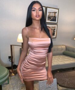 Artsu Satin Mini Spaghetti Strap Dress Night Club Date Party Ruched Bodycon Sexy Backless Mini Dresses 2020 New ASDR60686 DATE DRESSES Sexy Costumes color: Baby Pink|Black|Black 2|Blue|Brown|Green|Hot Pink|Khaki|Pink 